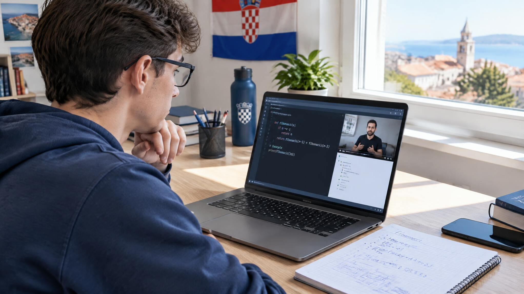 Beginner programmer following a tutorial on a laptop