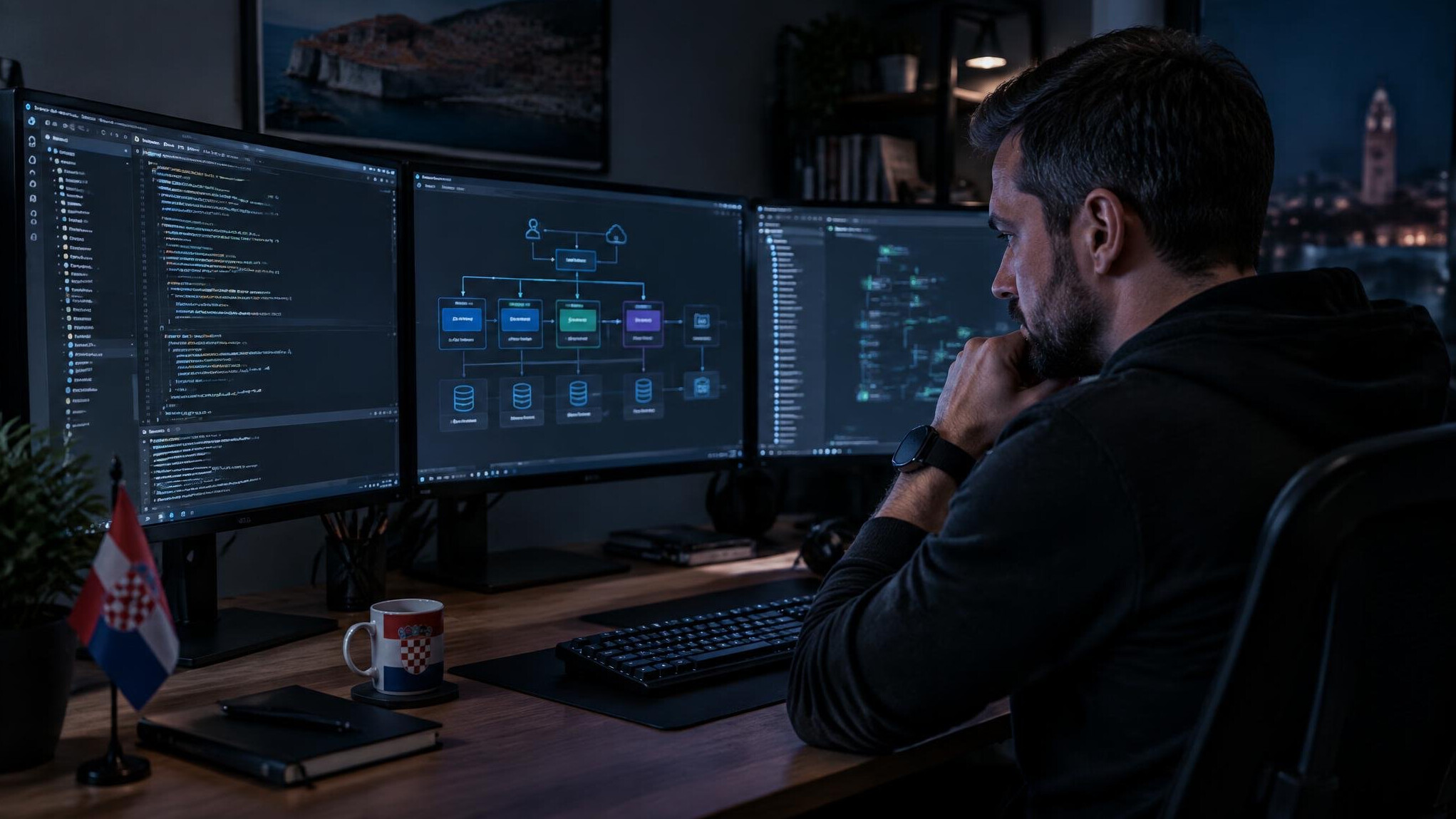 Developer working with multiple monitors showing code