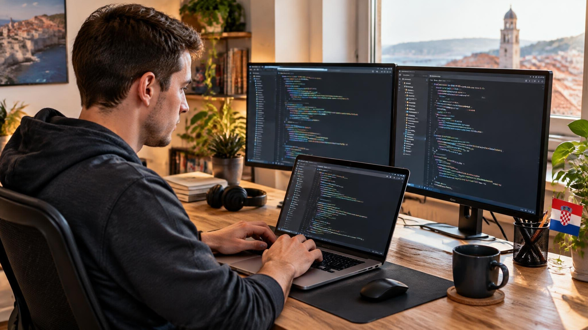 Developer typing code on a laptop at a desk